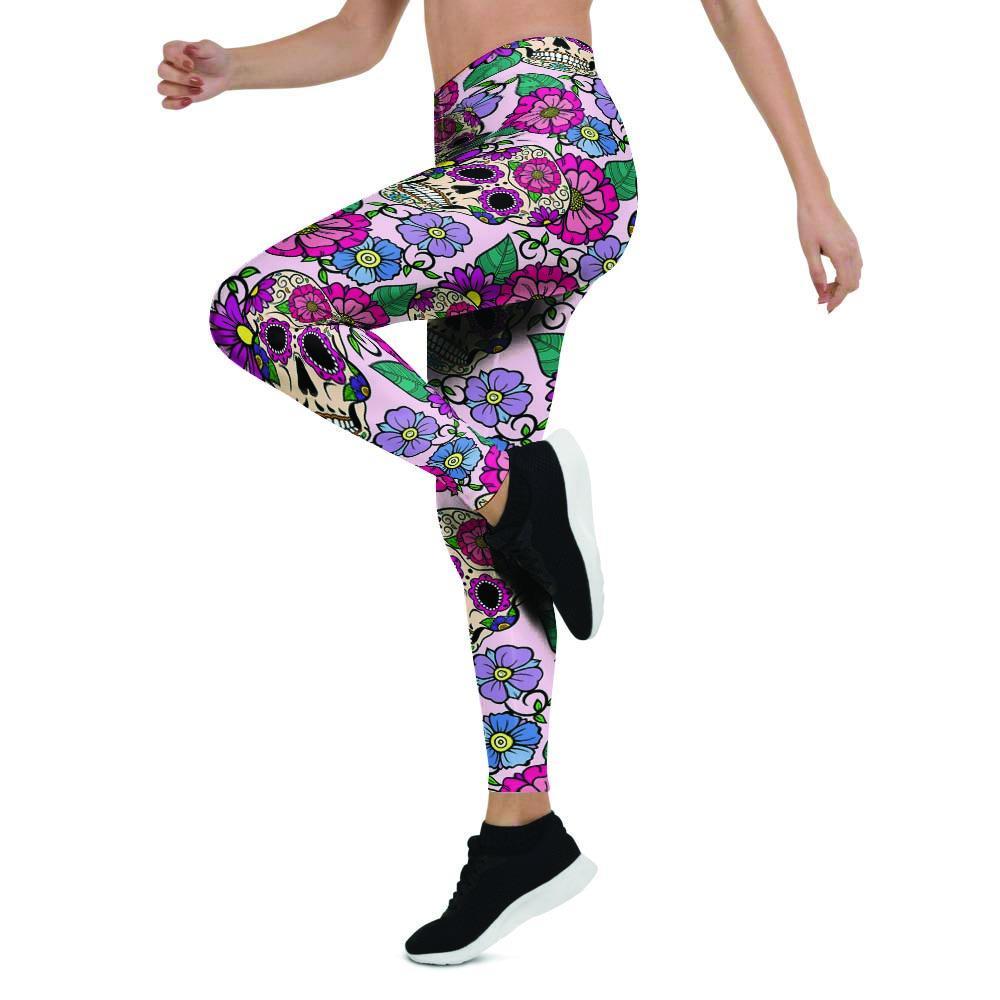 Pink Sugar Skull Floral Women's Leggings-grizzshop