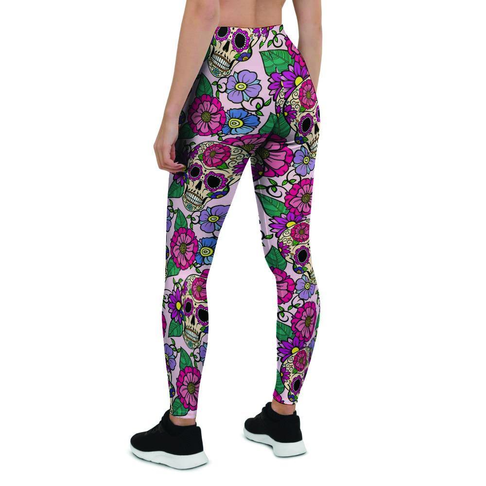 Pink Sugar Skull Floral Women's Leggings-grizzshop