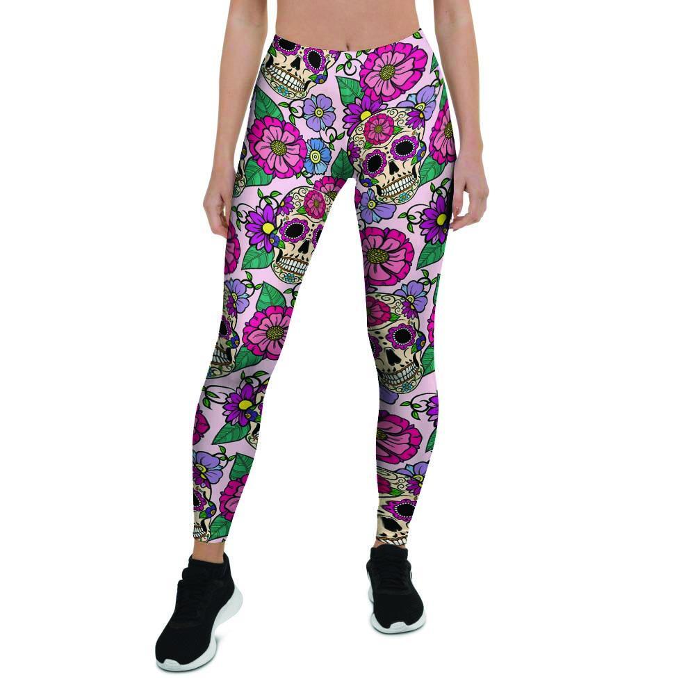 Pink Sugar Skull Floral Women's Leggings-grizzshop