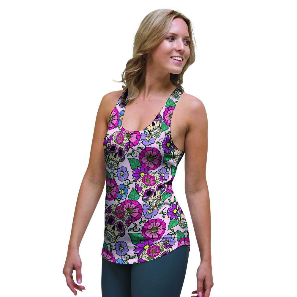 Pink Sugar Skull Floral Women's Racerback Tank Top-grizzshop