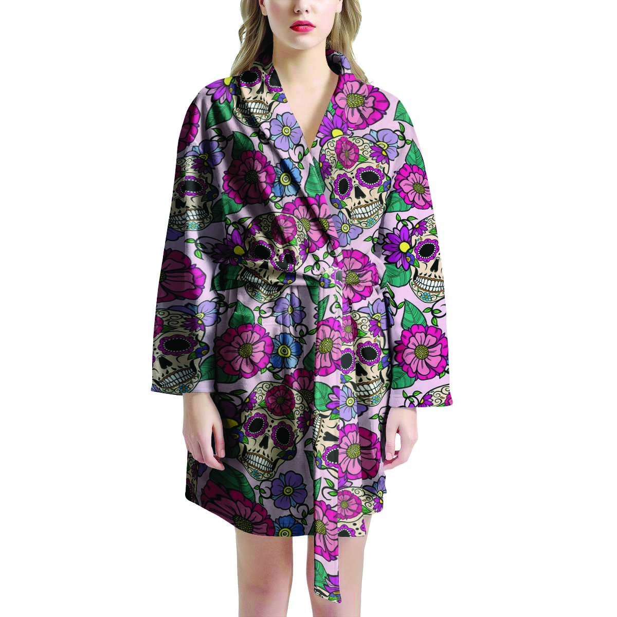 Pink Sugar Skull Floral Women's Robe-grizzshop