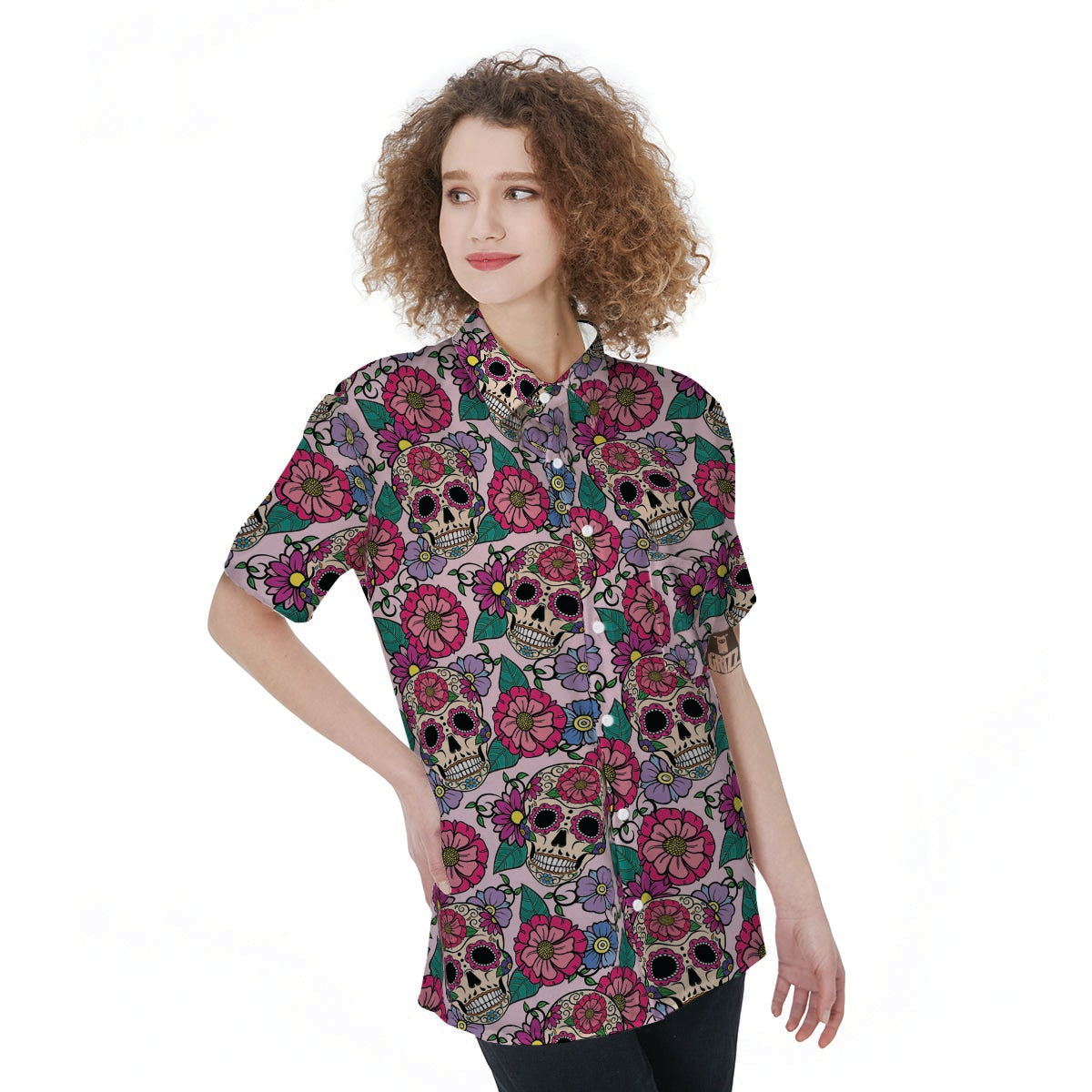 Pink Sugar Skull Floral Women's Short Sleeve Shirts-grizzshop