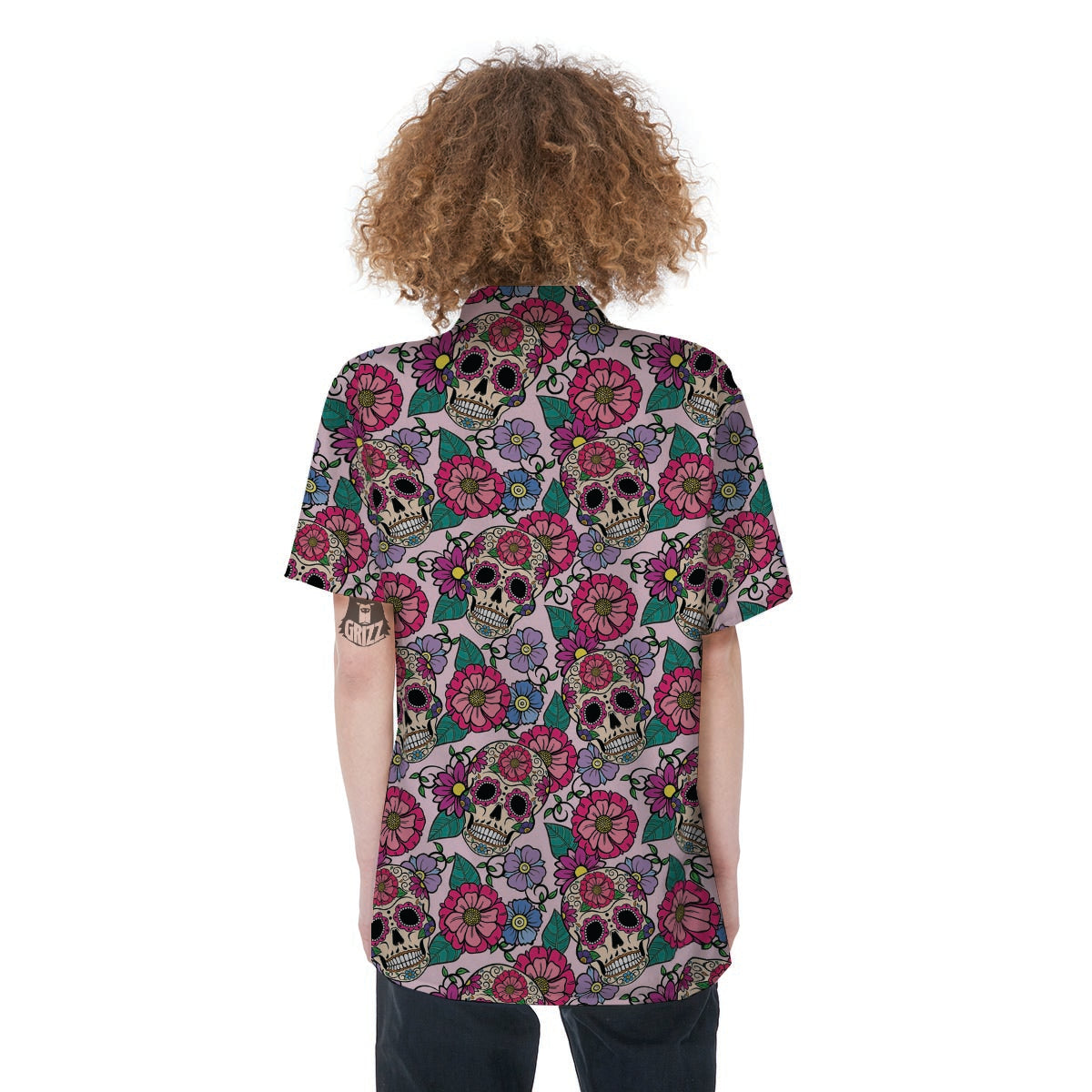 Pink Sugar Skull Floral Women's Short Sleeve Shirts-grizzshop