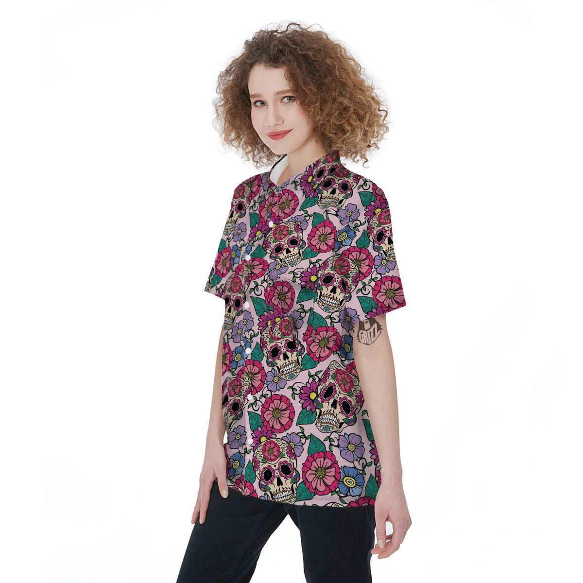 Pink Sugar Skull Floral Women's Short Sleeve Shirts-grizzshop