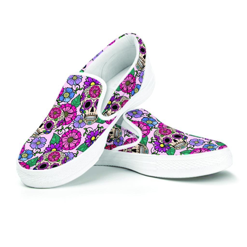 Pink Sugar Skull Floral Women's Slip On Sneakers-grizzshop