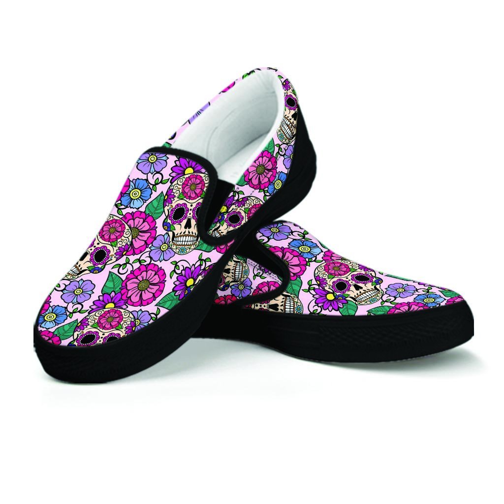 Pink Sugar Skull Floral Women's Slip On Sneakers-grizzshop