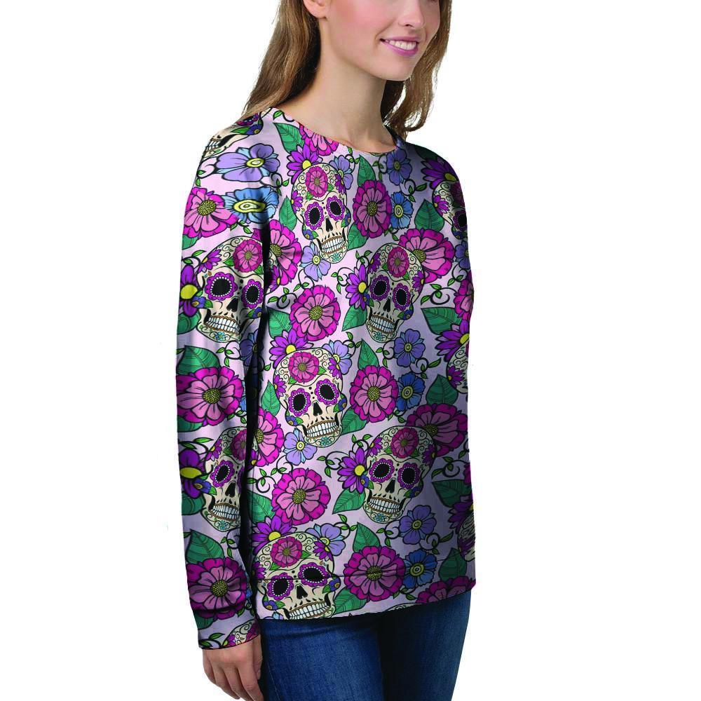 Pink Sugar Skull Floral Women's Sweatshirt-grizzshop