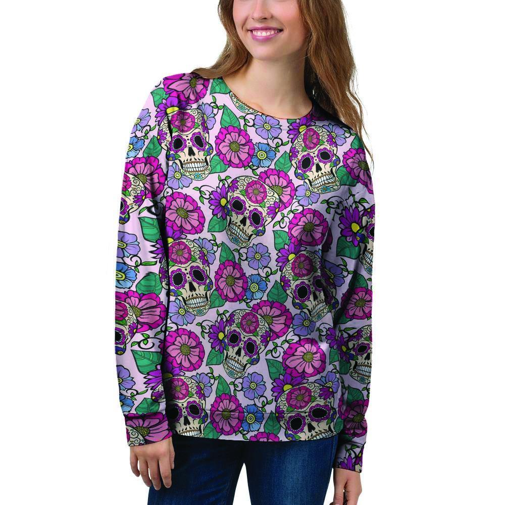 Pink Sugar Skull Floral Women's Sweatshirt-grizzshop