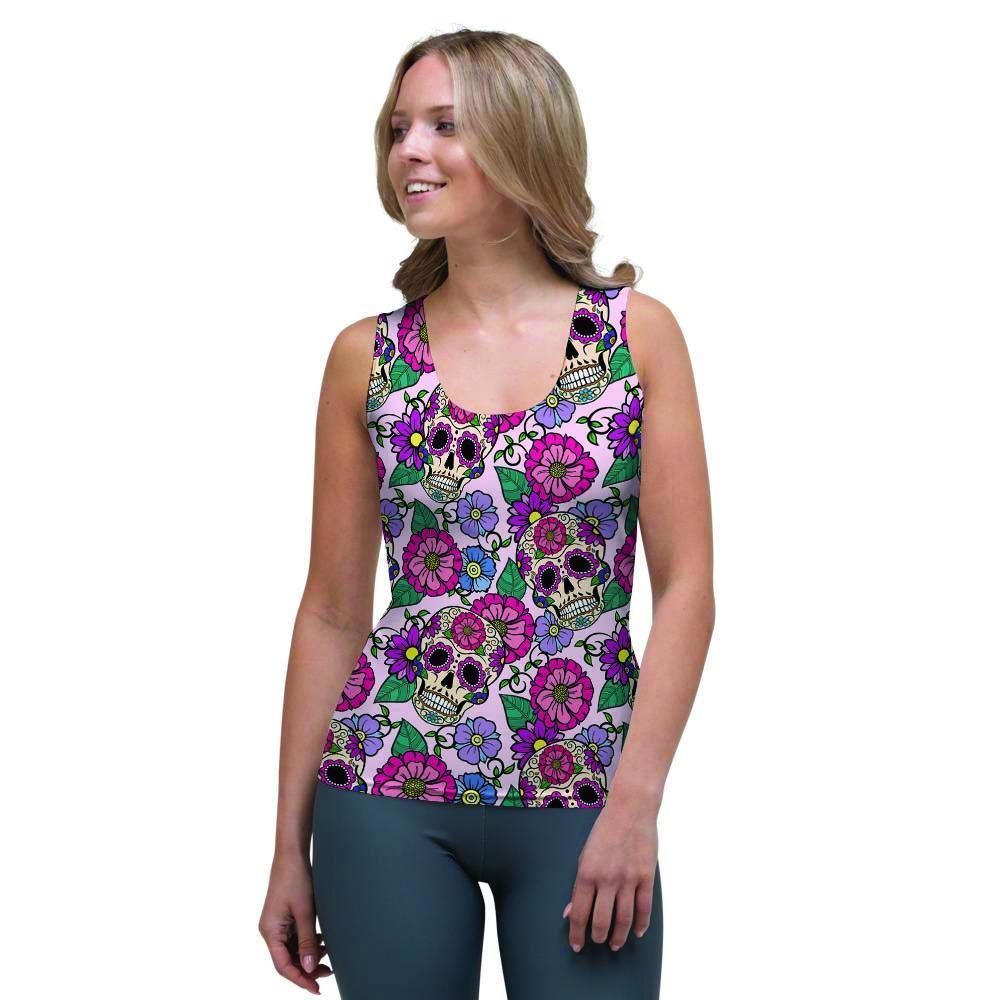 Pink Sugar Skull Floral Women's Tank Top-grizzshop