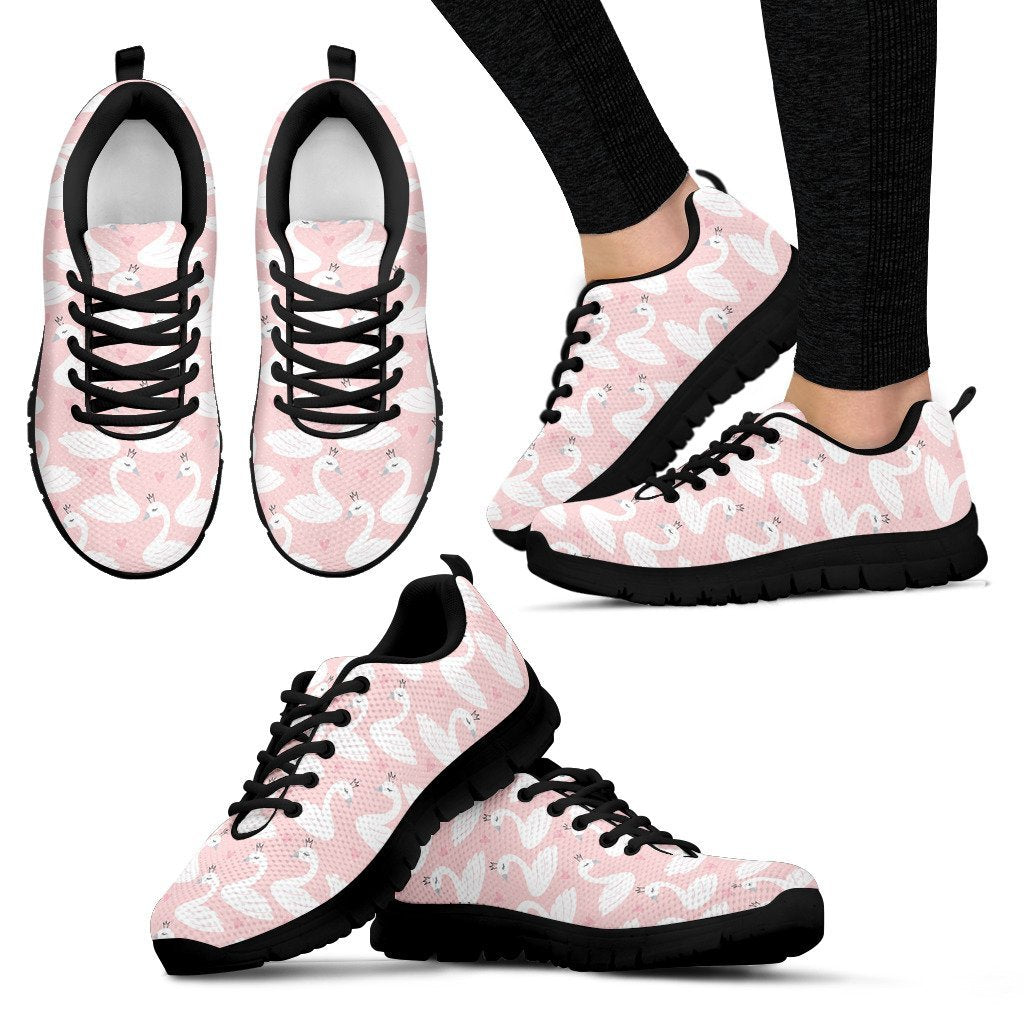 Pink Swan Pattern Print Black Sneaker Shoes For Men Women-grizzshop