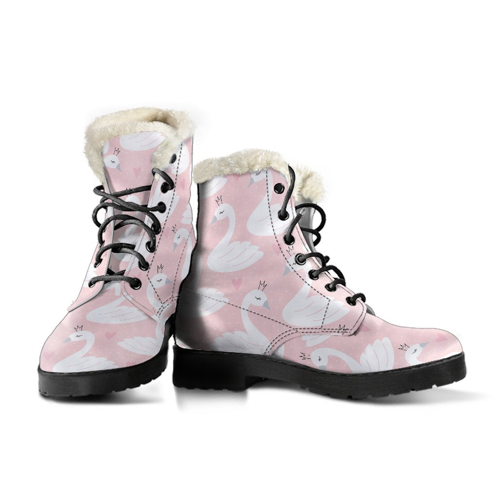 Pink Swan Pattern Print Comfy Winter Boots-grizzshop