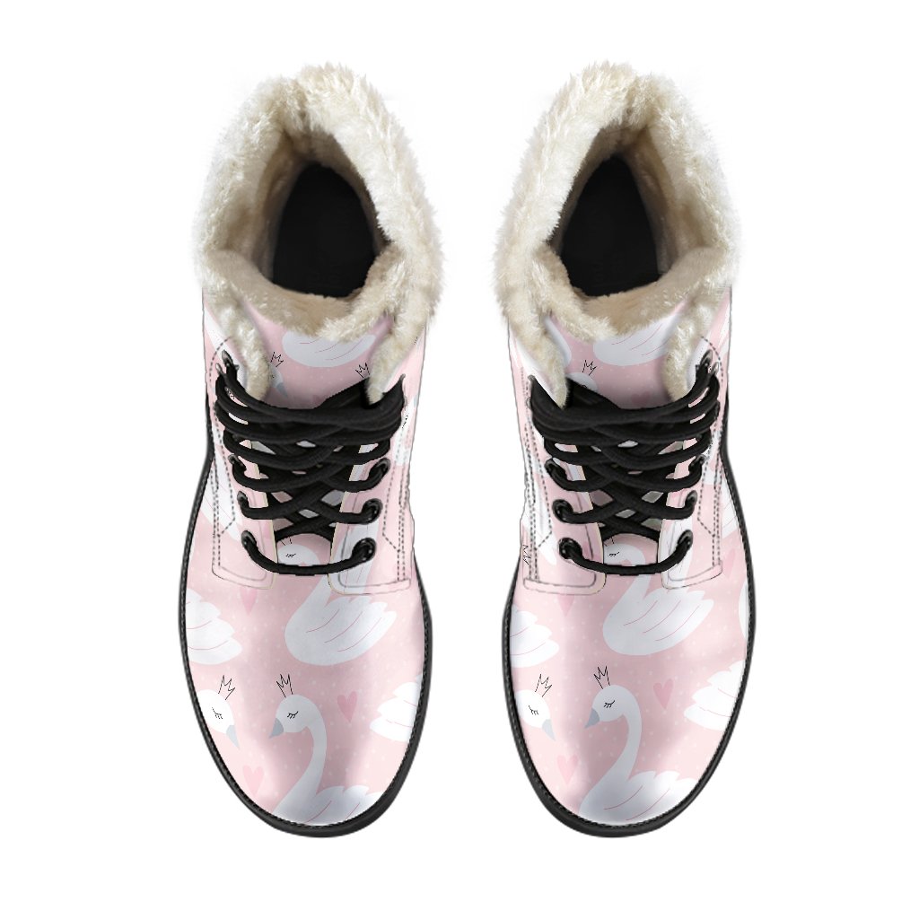 Pink Swan Pattern Print Comfy Winter Boots-grizzshop