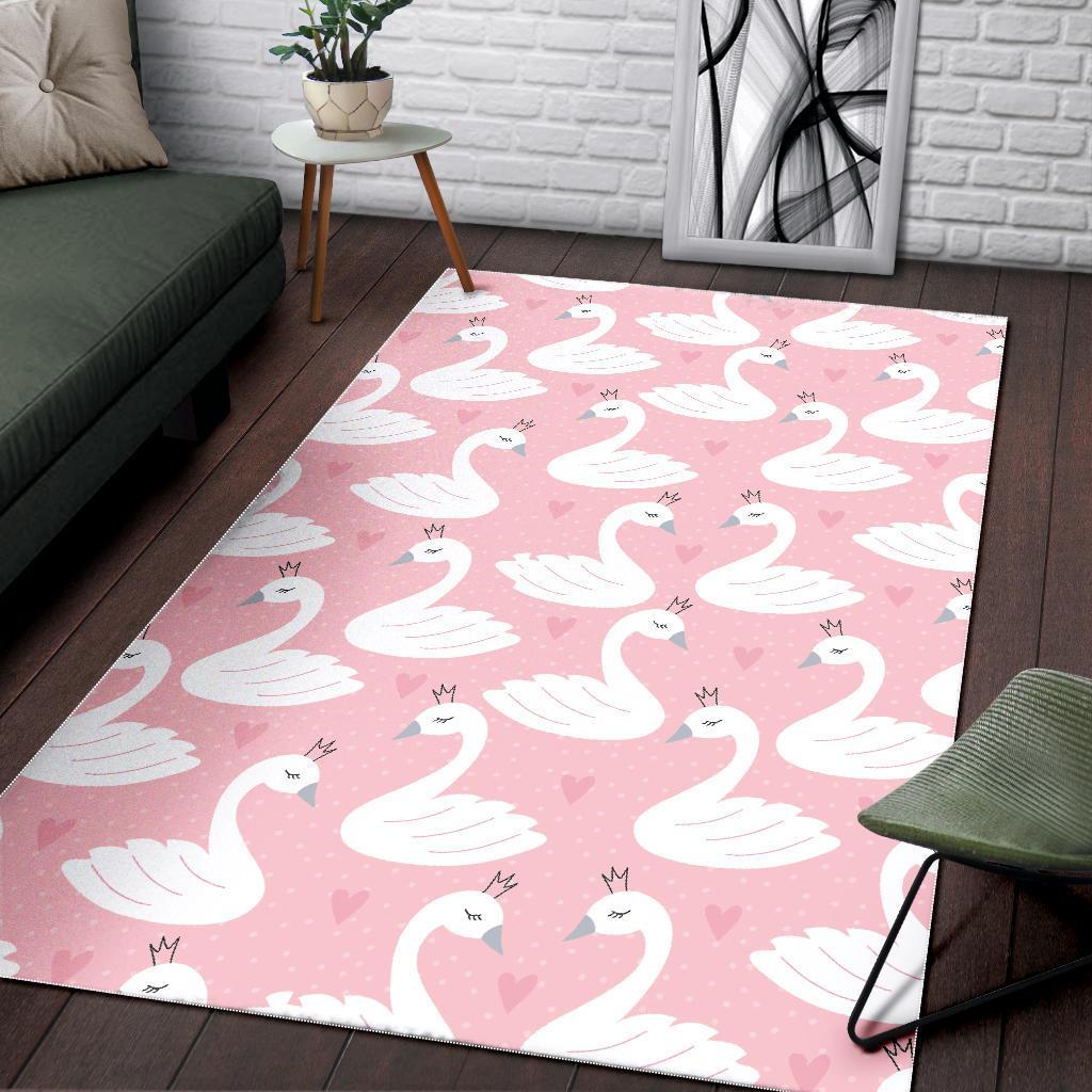 Pink Swan Pattern Print Floor Mat-grizzshop