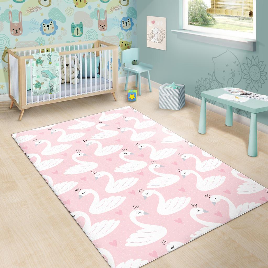 Pink Swan Pattern Print Floor Mat-grizzshop