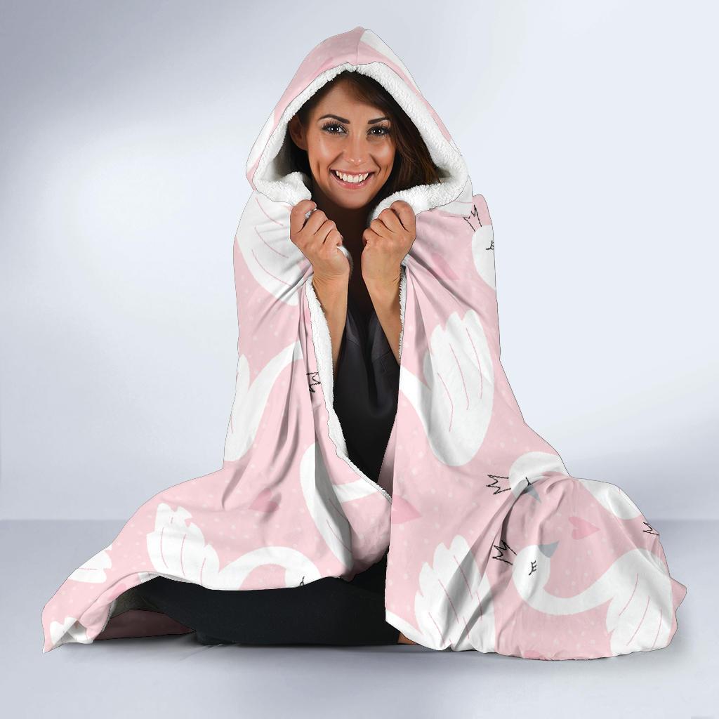 Pink Swan Pattern Print Hooded Blanket-grizzshop