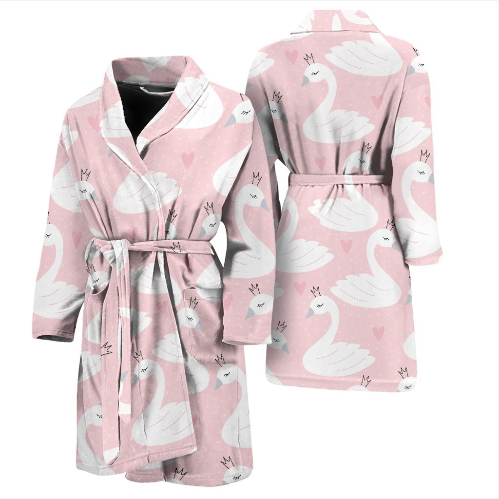 Pink Swan Pattern Print Men Long Robe-grizzshop