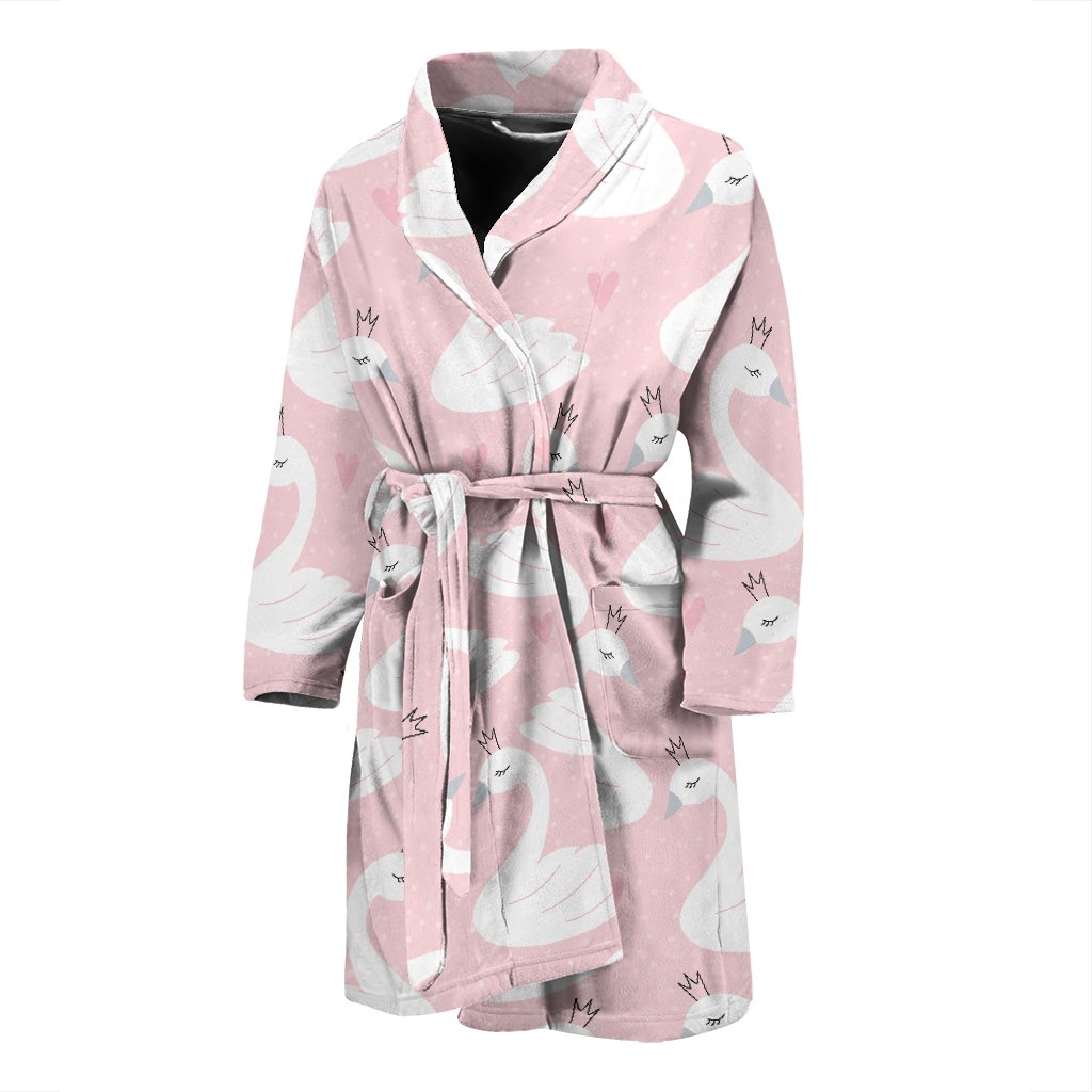 Pink Swan Pattern Print Men Long Robe-grizzshop