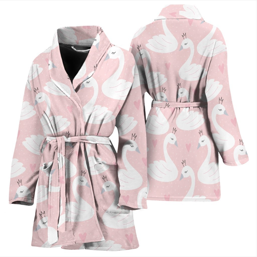 Pink Swan Pattern Print Women Long Robe-grizzshop