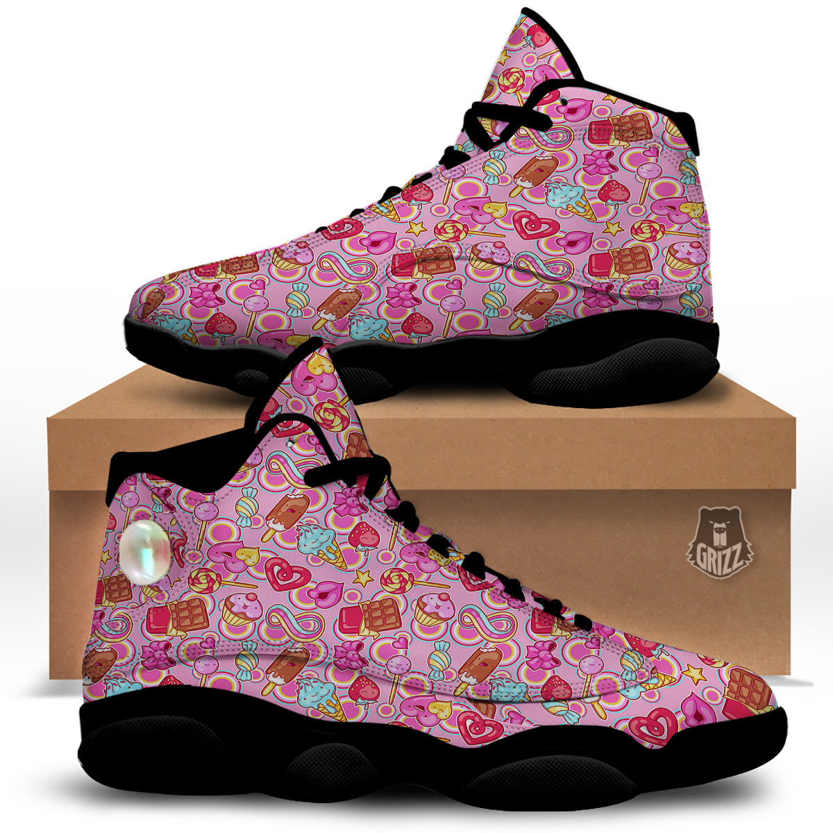 Pink Sweet Candy Print Pattern Black Basketball Shoes-grizzshop