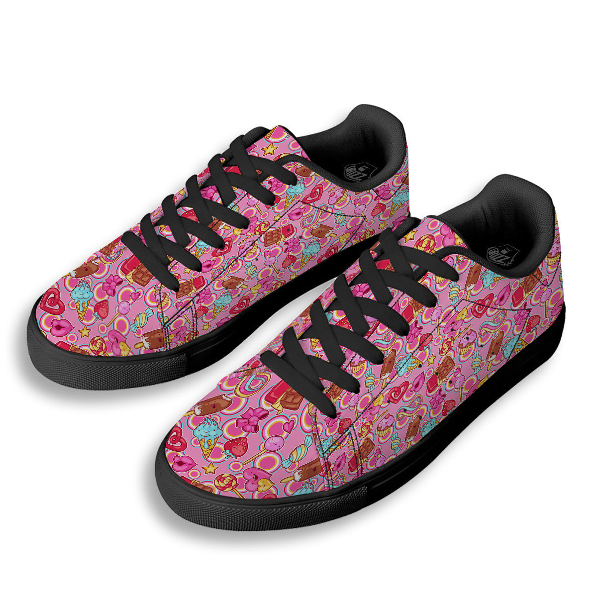 Pink Sweet Candy Print Pattern Black Low Top Sneakers-grizzshop