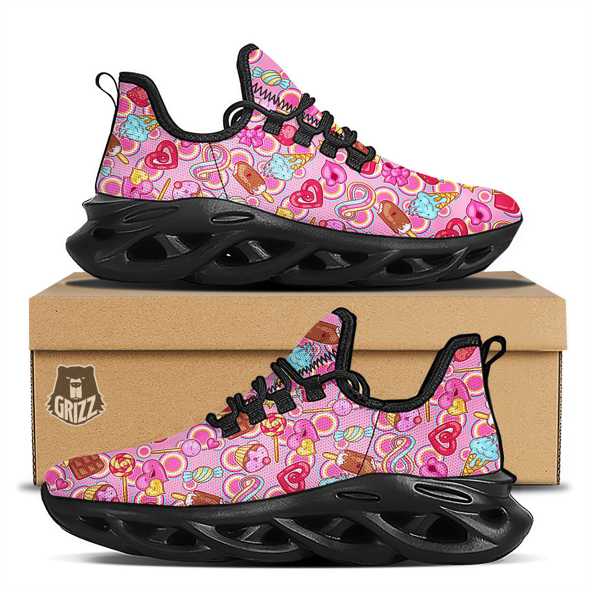 Pink Sweet Candy Print Pattern Black Running Shoes-grizzshop
