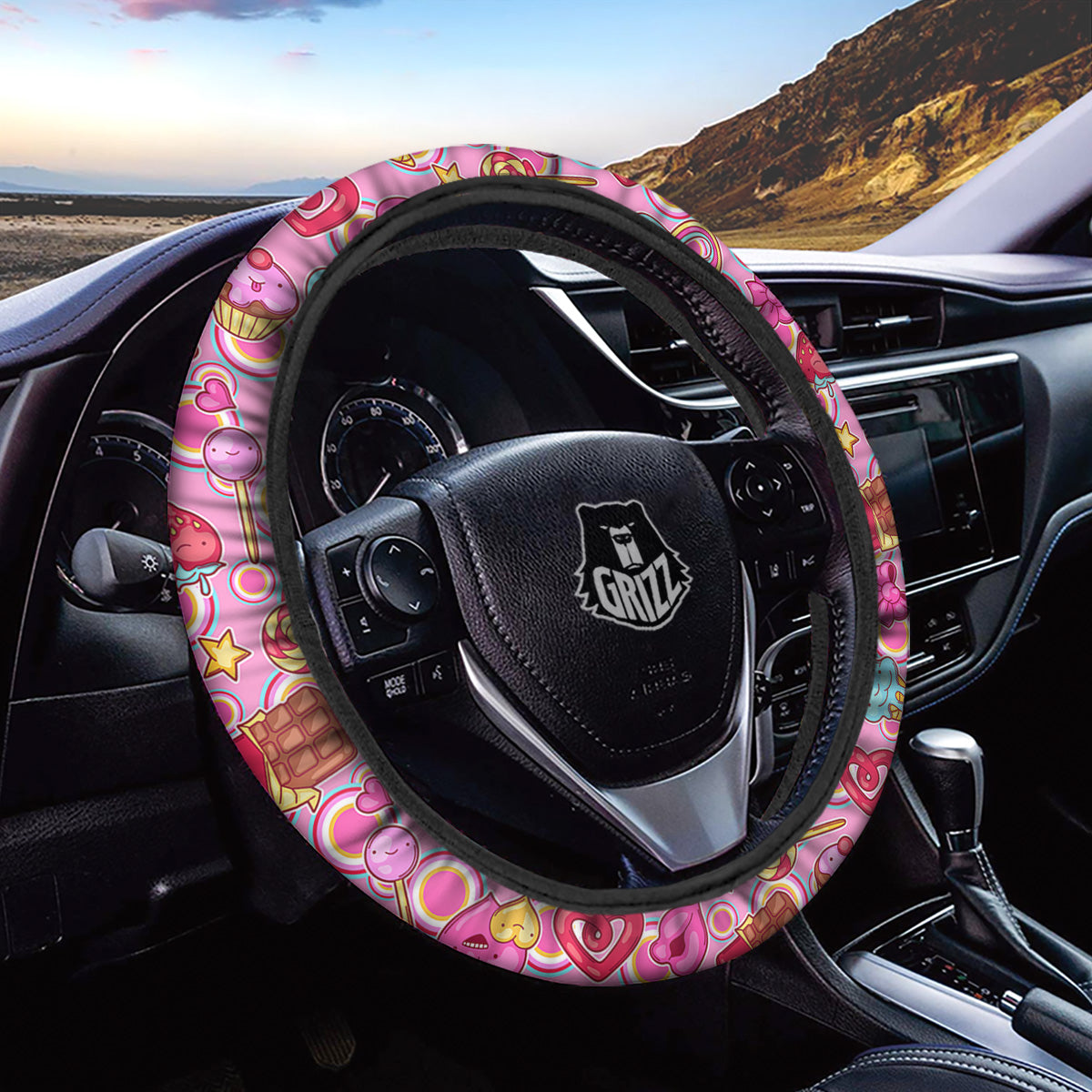 Pink Sweet Candy Print Pattern Car Steering Wheel Cover-grizzshop