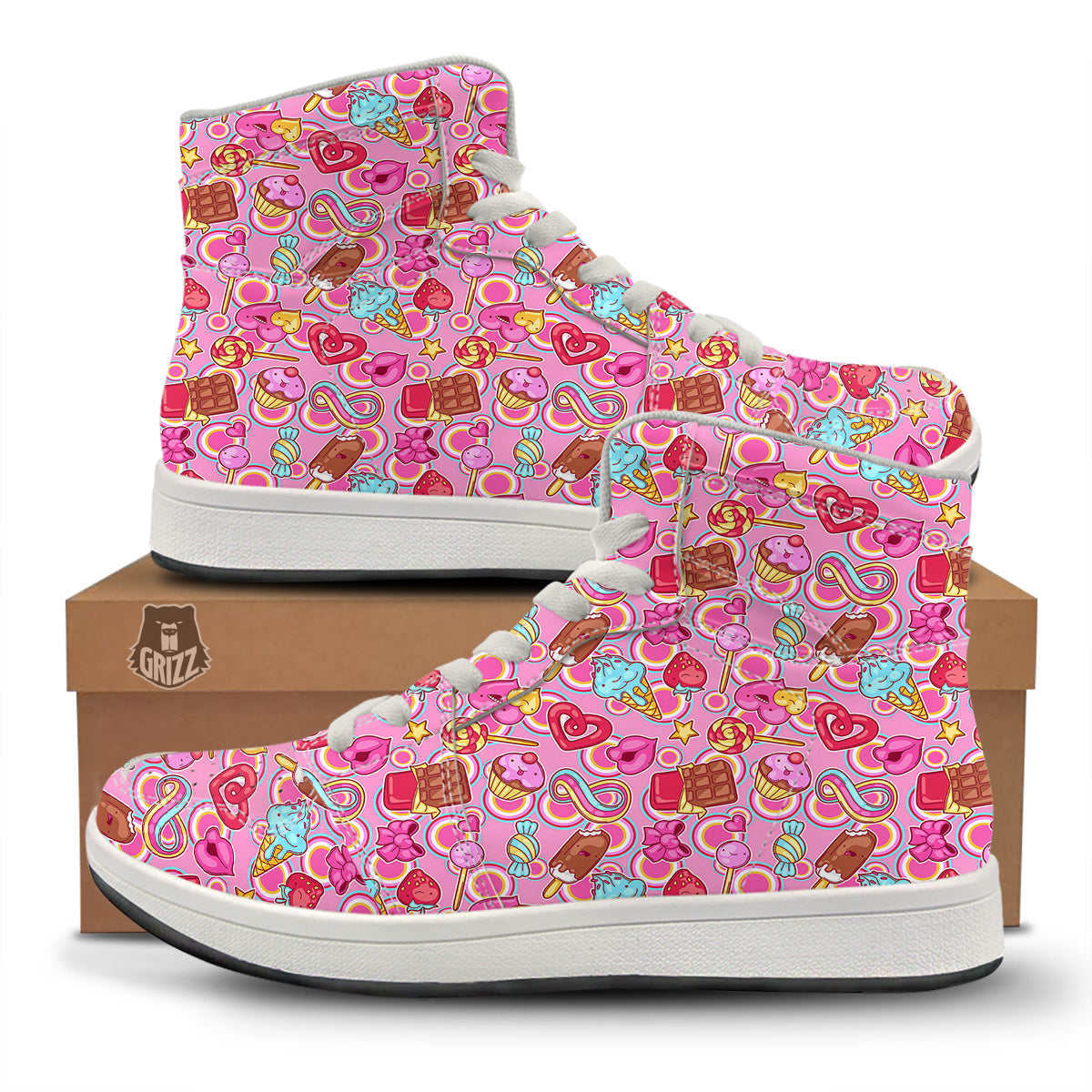 Pink Sweet Candy Print Pattern High Top Sneakers-grizzshop