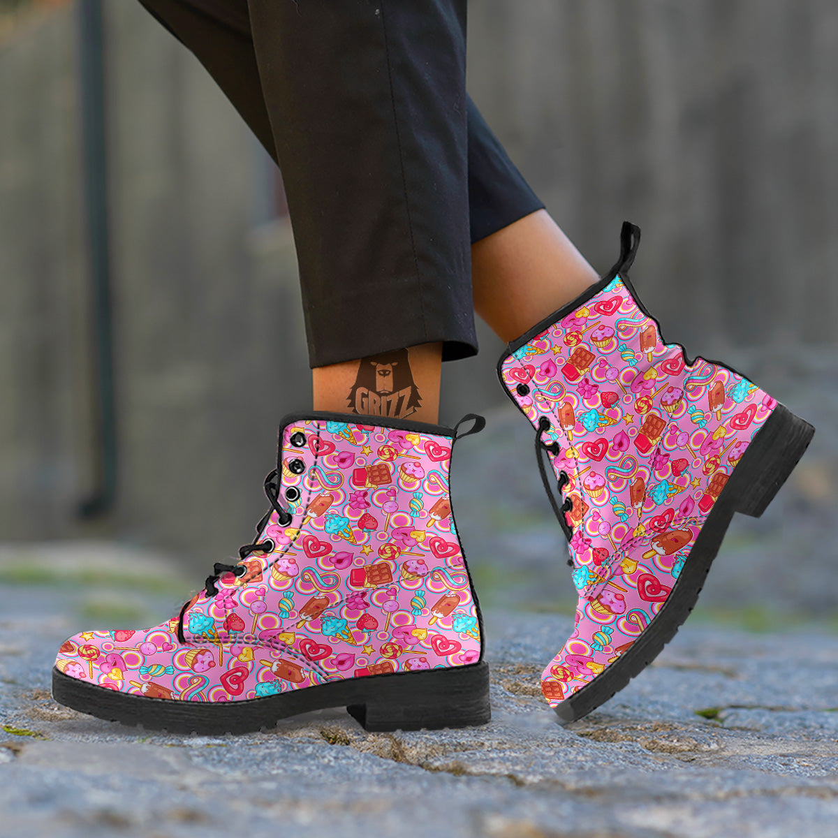 Pink Sweet Candy Print Pattern Leather Boots-grizzshop