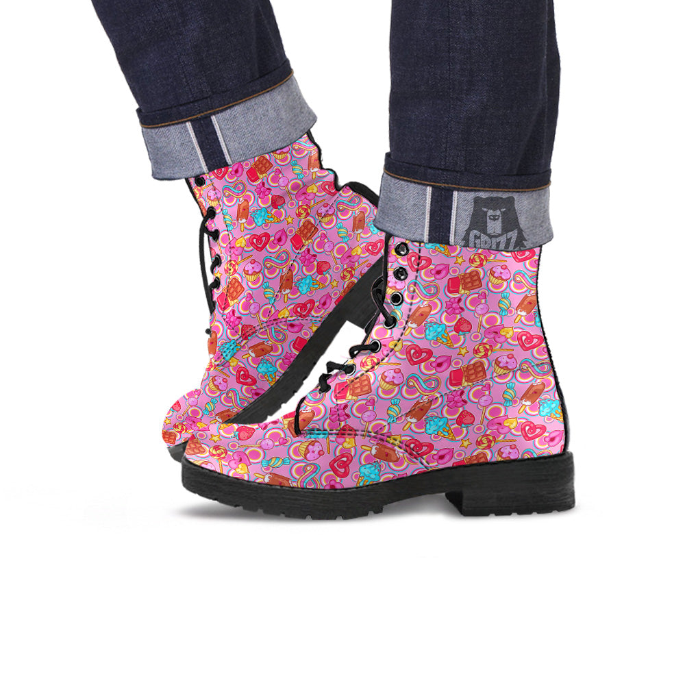 Pink Sweet Candy Print Pattern Leather Boots-grizzshop