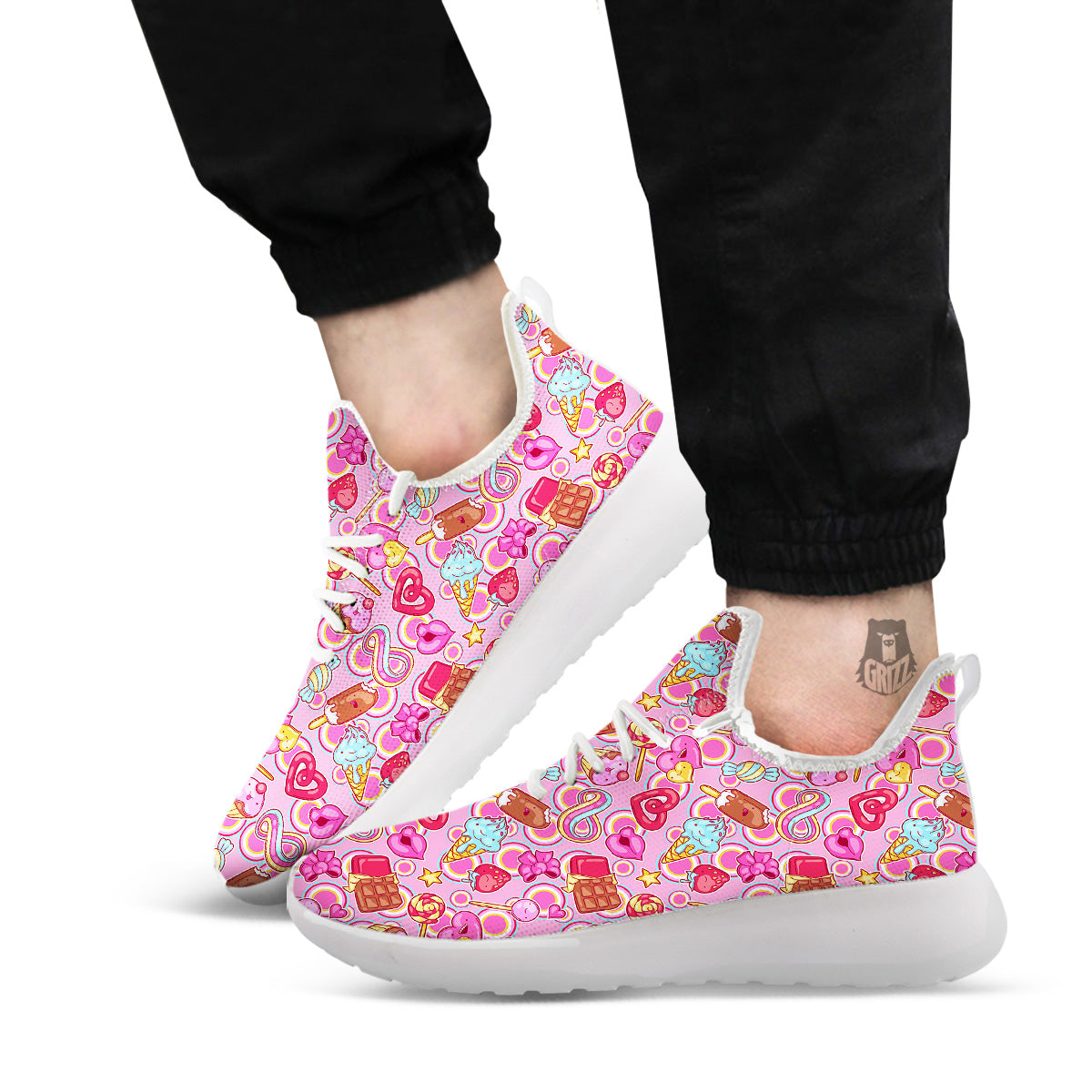 Pink Sweet Candy Print Pattern White Athletic Shoes-grizzshop