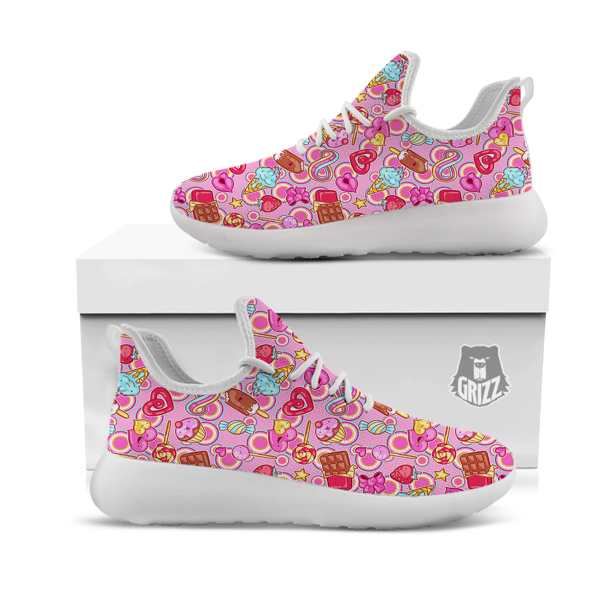 Pink Sweet Candy Print Pattern White Athletic Shoes-grizzshop