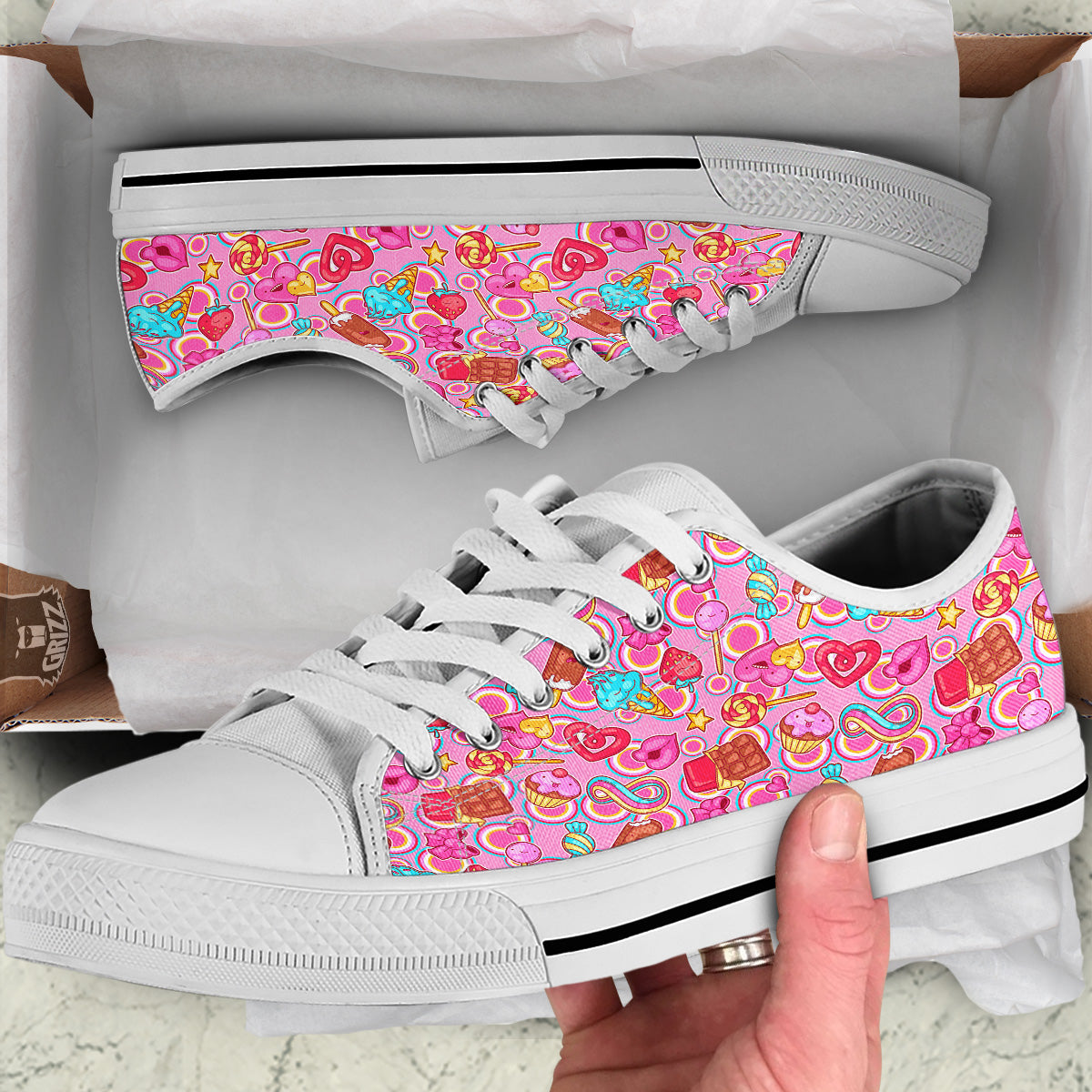 Pink Sweet Candy Print Pattern White Low Top Shoes-grizzshop