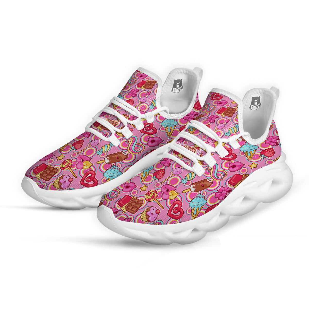 Pink Sweet Candy Print Pattern White Running Shoes-grizzshop