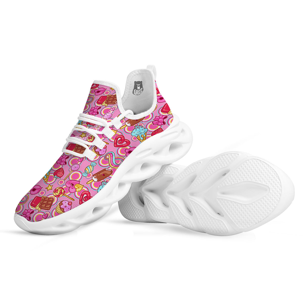 Pink Sweet Candy Print Pattern White Running Shoes-grizzshop