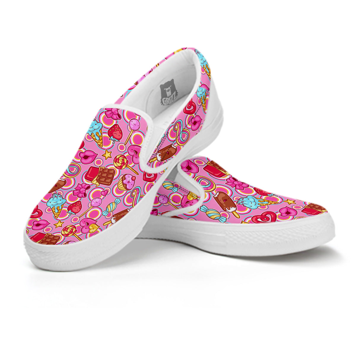 Pink Sweet Candy Print Pattern White Slip On Shoes-grizzshop