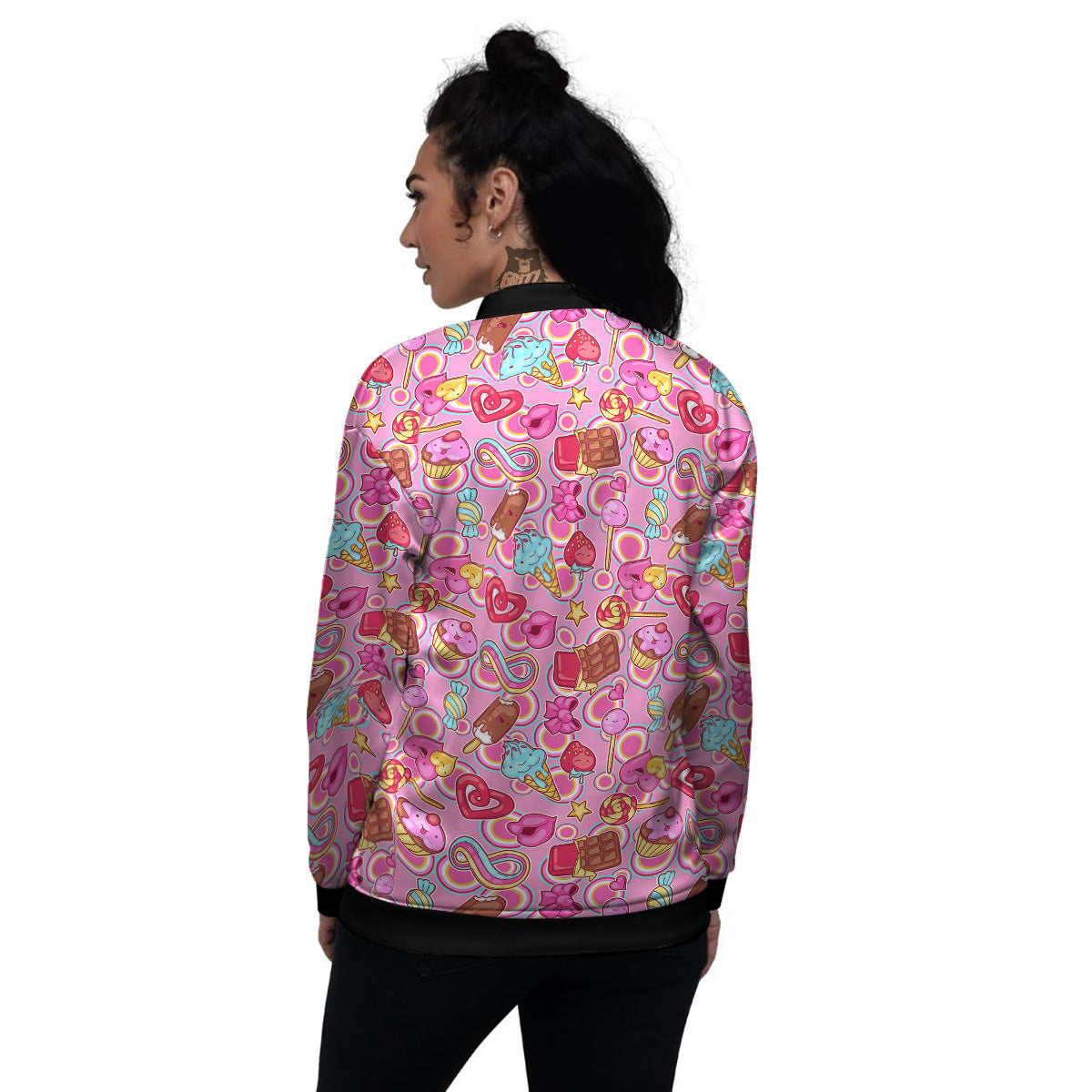 Pink Sweet Candy Print Pattern Women's Bomber Jacket-grizzshop
