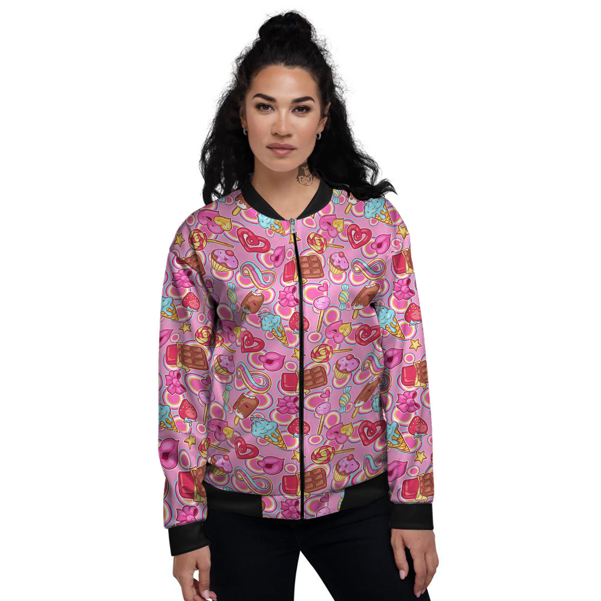 Pink Sweet Candy Print Pattern Women's Bomber Jacket-grizzshop