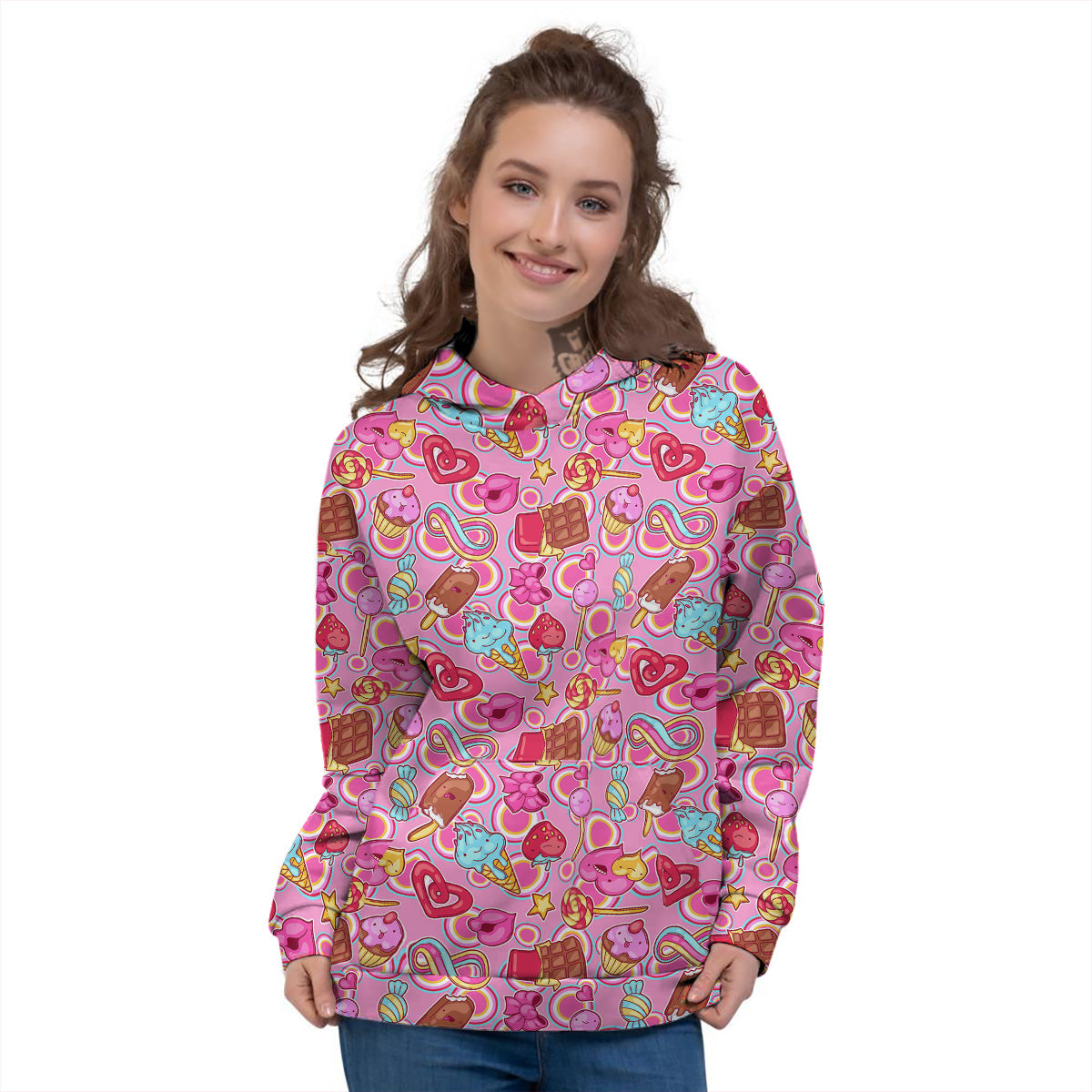Pink Sweet Candy Print Pattern Women's Hoodie-grizzshop
