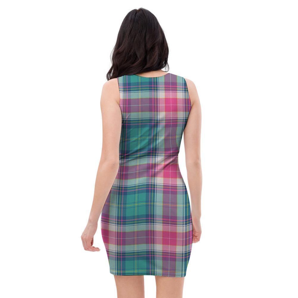 Pink Teal Plaid Tartan Bodycon Dress-grizzshop