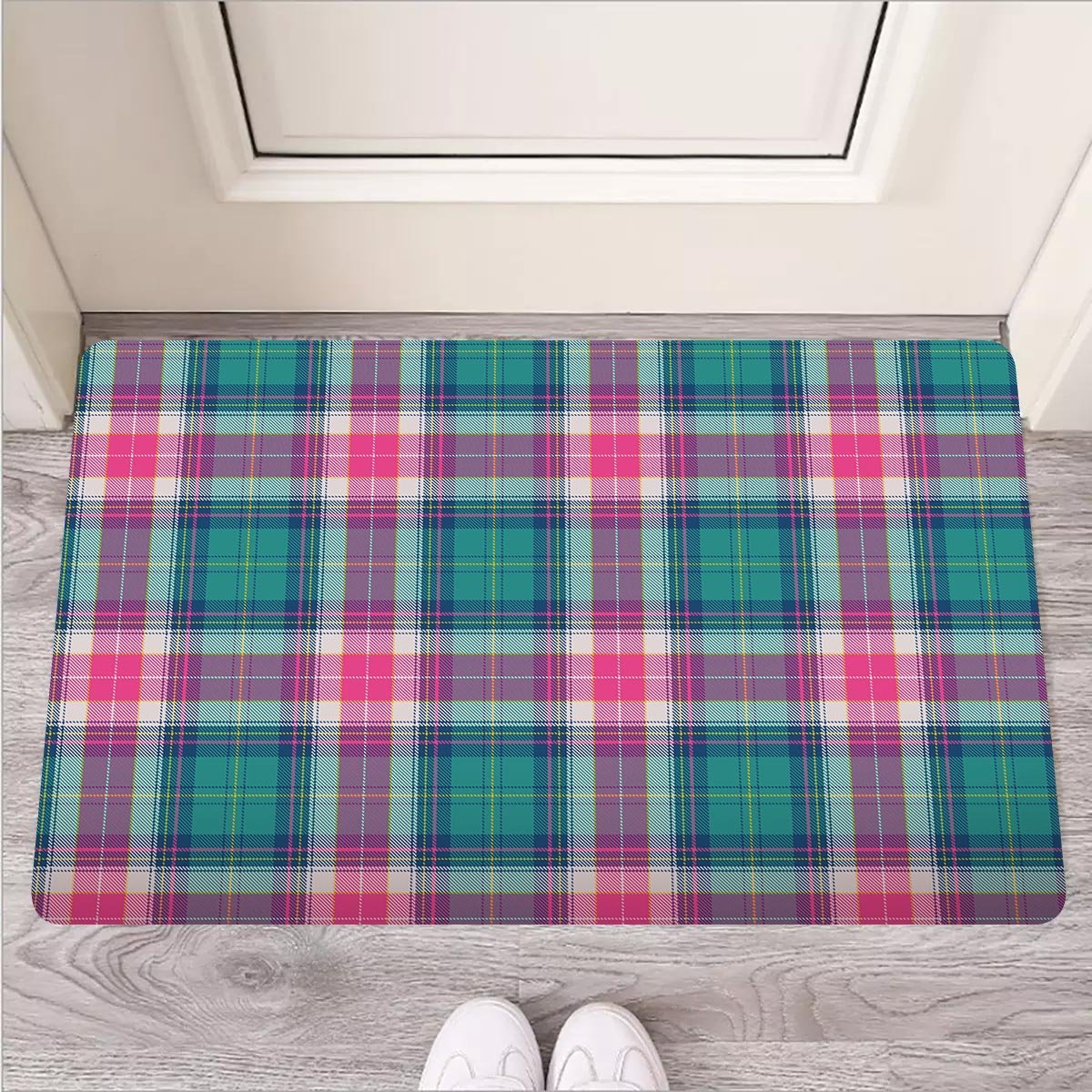 Pink Teal Plaid Tartan Door Mat-grizzshop