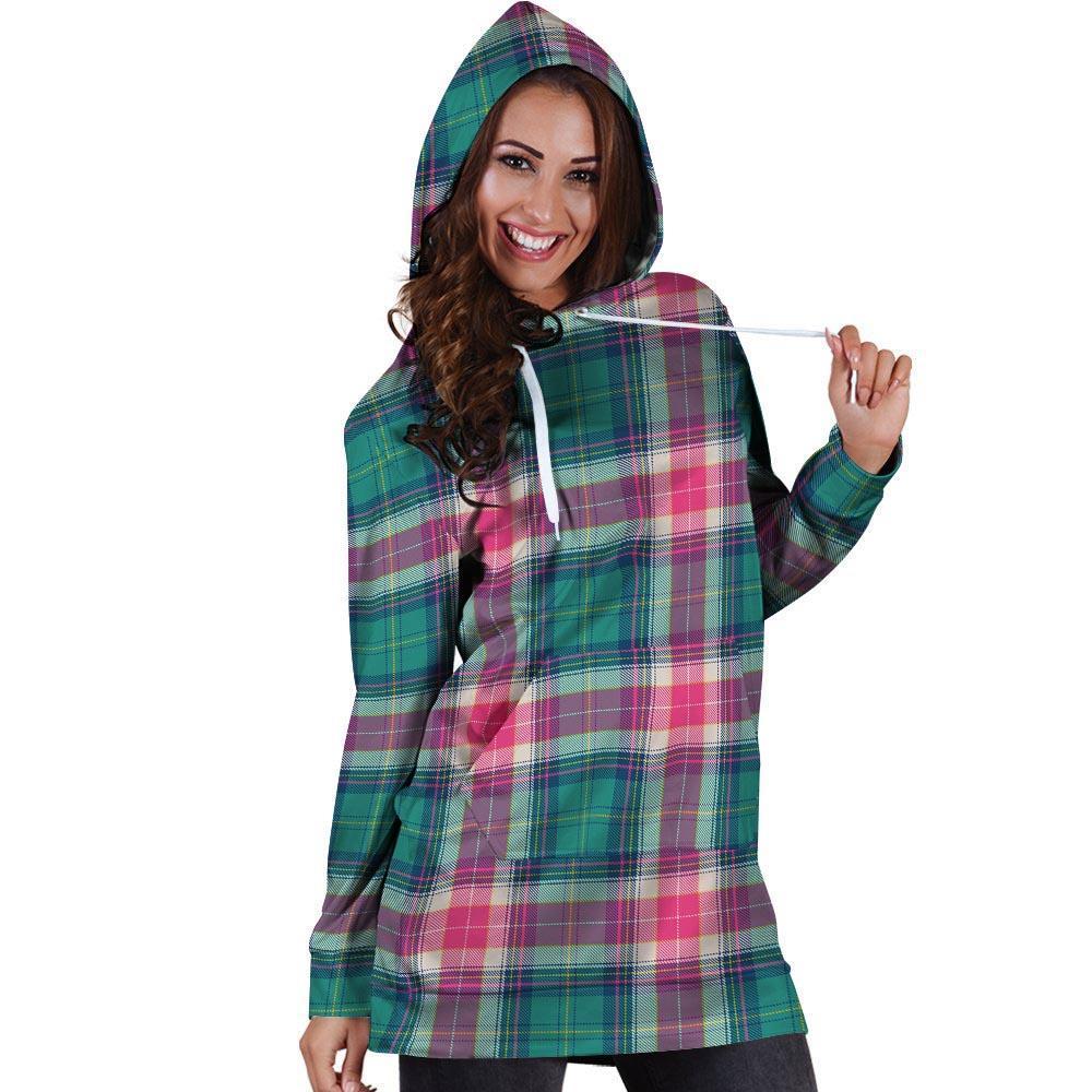 Pink Teal Plaid Tartan Hoodie Dress-grizzshop