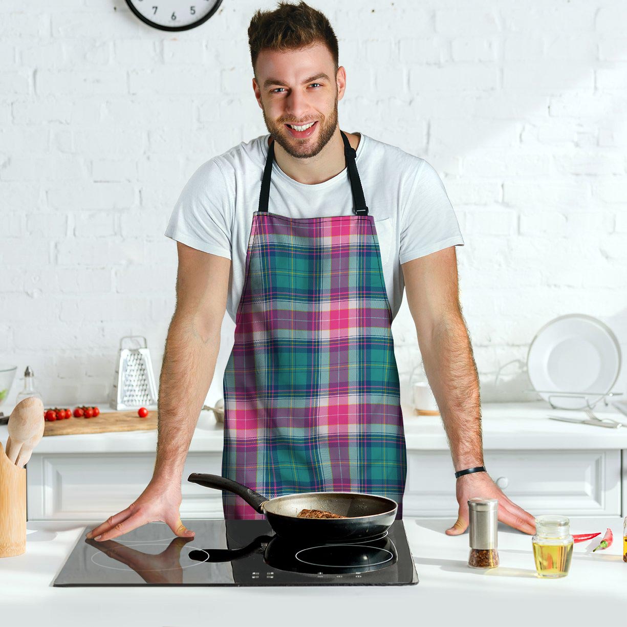 Pink Teal Plaid Tartan Men's Apron-grizzshop