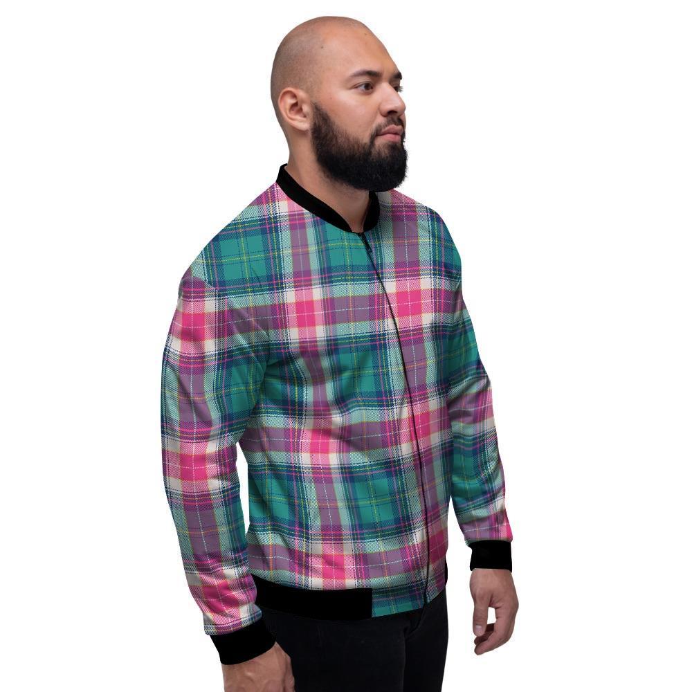 Pink Teal Plaid Tartan Men's Bomber Jacket-grizzshop