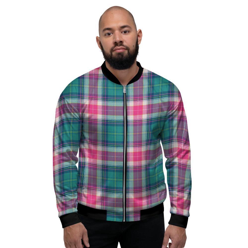 Pink Teal Plaid Tartan Men's Bomber Jacket-grizzshop