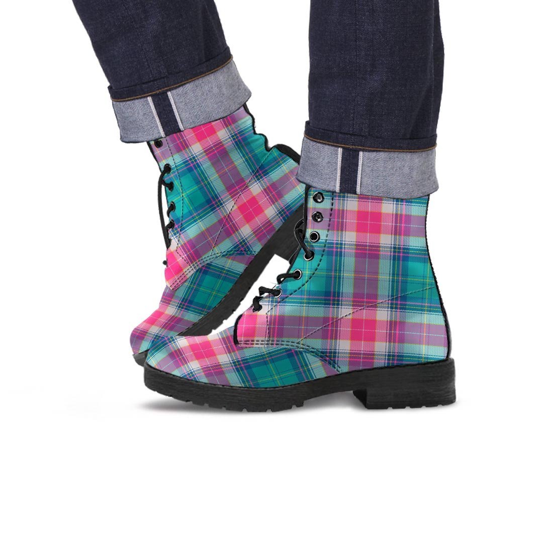 Pink Teal Plaid Tartan Men's Boots-grizzshop