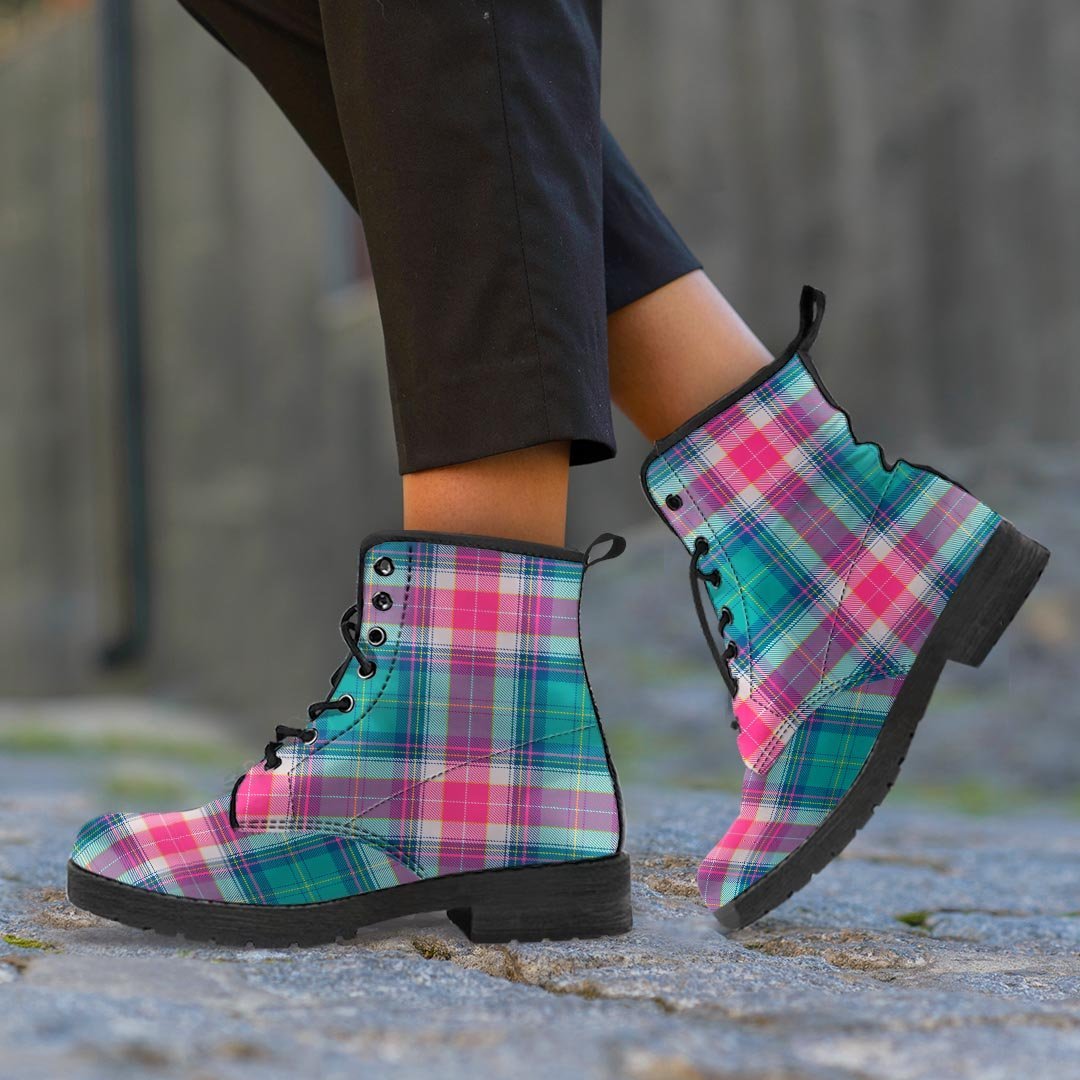 Pink Teal Plaid Tartan Men's Boots-grizzshop