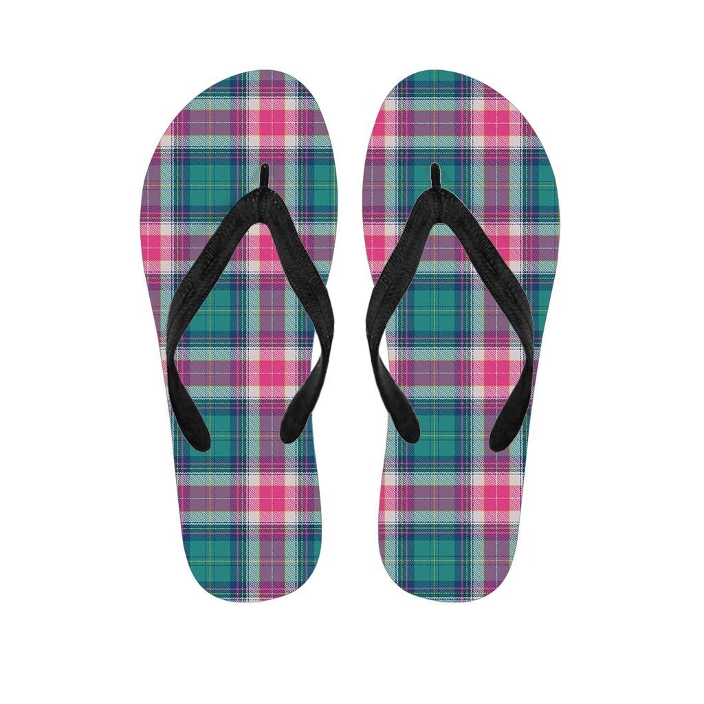 Pink Teal Plaid Tartan Men's Flip Flops-grizzshop