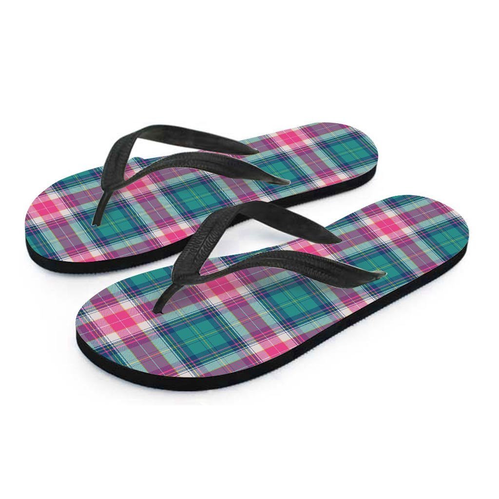 Pink Teal Plaid Tartan Men's Flip Flops-grizzshop