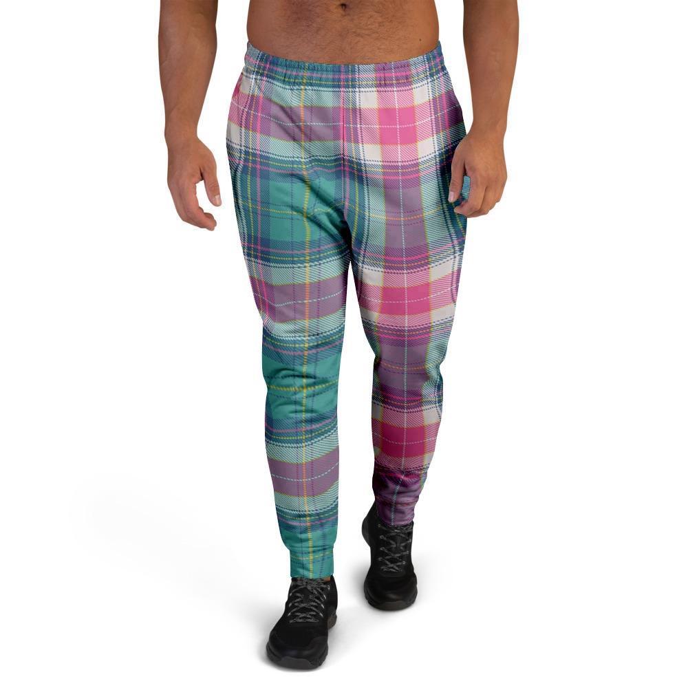 Pink Teal Plaid Tartan Men's Joggers-grizzshop
