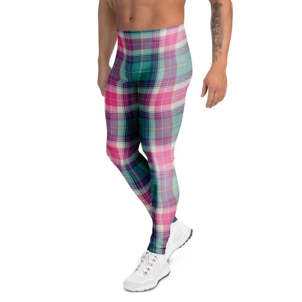 Pink Teal Plaid Tartan Men's Leggings-grizzshop